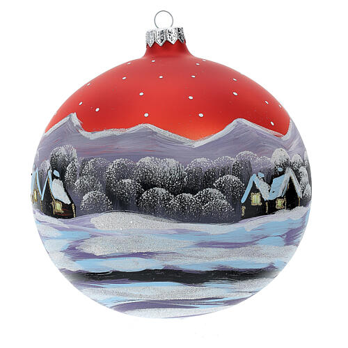 Weihnachtskugel aus Glas Grundton Kupferfarben Motiv schneebedecktes Dorf beim Sonnenuntergang 150 mm 3