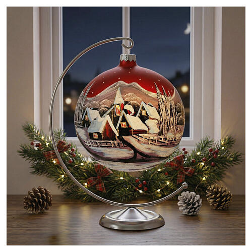 Boule verre Noël village enneigé au coucher de soleil 150 mm 2
