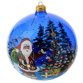 Weihnachtskugel aus transparentem blauen Glas Motiv Weihnachtsmann mit Geschenken 150 mm