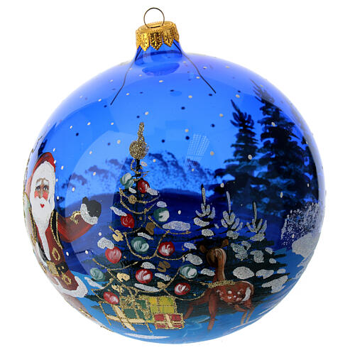 Weihnachtskugel aus transparentem blauen Glas Motiv Weihnachtsmann mit Geschenken 150 mm 2