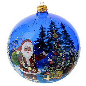 Christmas ball in blue transparent glass with Gifts by Santa Claus 150 mm