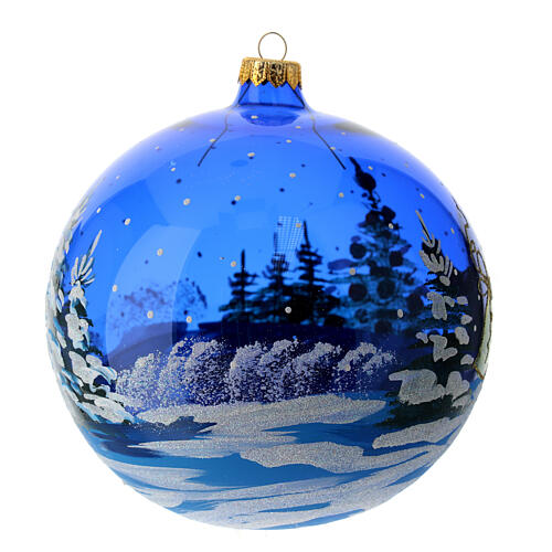 Christmas ball in blue transparent glass with Gifts by Santa Claus 150 mm 3