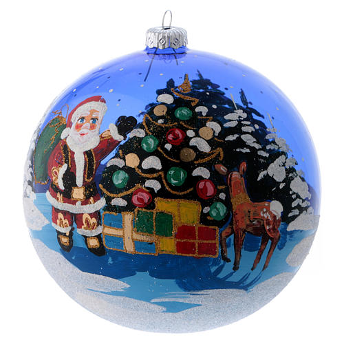 Boule Sapin Verre Bleu Transparent Dons De Père Noël 150 Mm