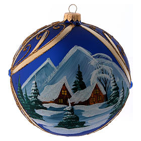 Weihnachtskugel aus Glas Grundton Blau Motiv schneebedeckte Winterlandschaft mit goldenem Rahmen 150 mm