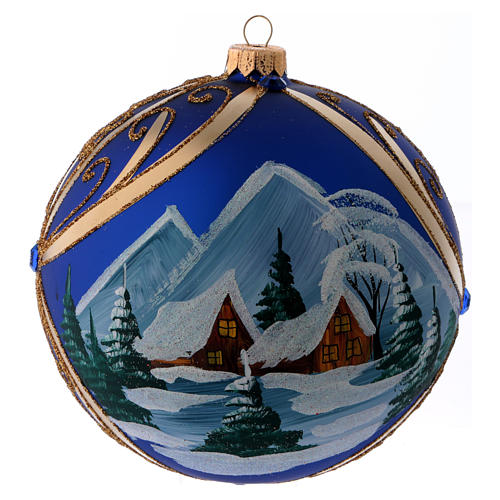 Christmas ball in blue glass with snowy landscape in golden frame 150 mm 1