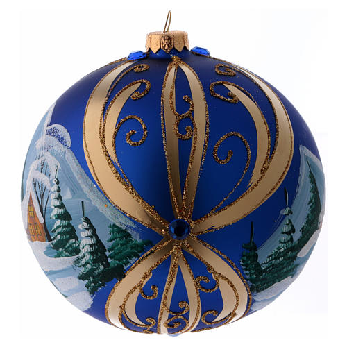 Christmas ball in blue glass with snowy landscape in golden frame 150 mm 2