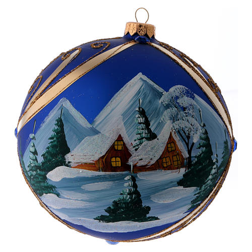 Christmas ball in blue glass with snowy landscape in golden frame 150 mm 3