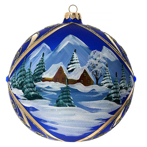 Christmas ball in blue glass with snowy landscape in golden frame 150 mm 1