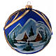 Christmas ball in blue glass with snowy landscape in golden frame 150 mm s1