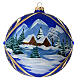 Christmas ball in blue glass with snowy landscape in golden frame 150 mm s1