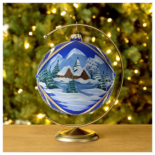 Boule de Noël verre bleu paysage enneigé dans cadre doré 150 mm 2