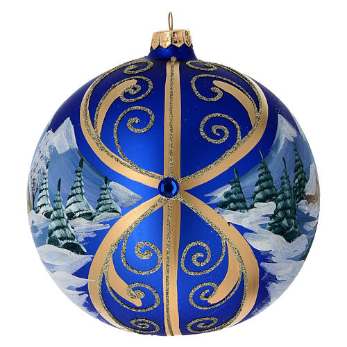 Palla di Natale vetro blu paesaggio innevato in cornice dorata 150 mm 3