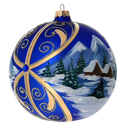 Palla di Natale vetro blu paesaggio innevato in cornice dorata 150 mm 4