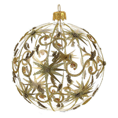Weihnachtskugel aus transparentem Glas Motiv goldene Sterne mit Glitter verziert 100 mm 3