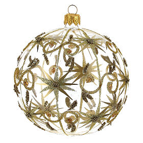 Transparent blown glass Christmas ball with gold decoration and glitter 10 cm