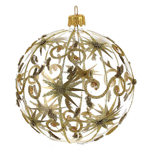 Transparent blown glass Christmas ball with gold decoration and glitter 10 cm 3