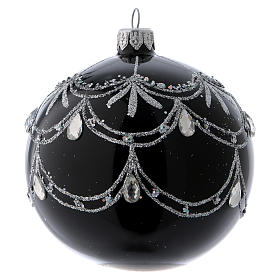 Christmas ball in black glass with silver frieze and diamond drops 100 mm