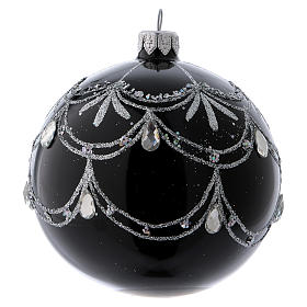 Christmas ball in black glass with silver frieze and diamond drops 100 mm