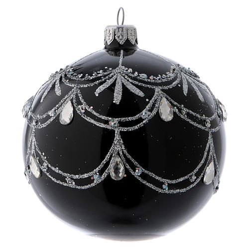 Christmas ball in black glass with silver frieze and diamond drops 100 mm 1