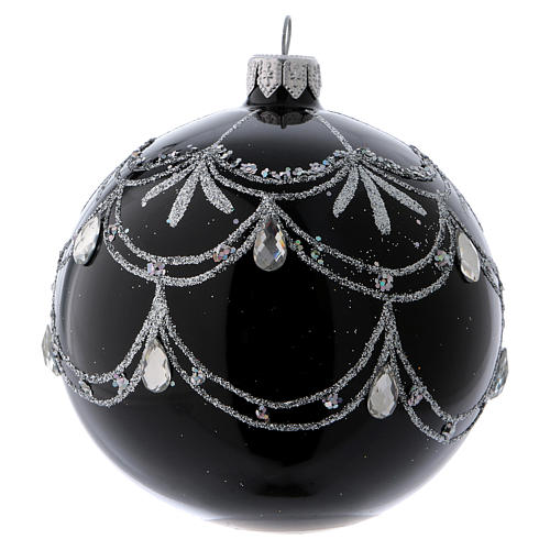 Christmas ball in black glass with silver frieze and diamond drops 100 mm 2