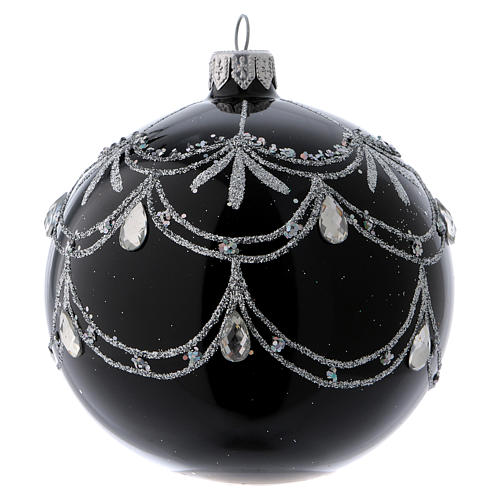 Black blown glass ball with silver glitter design and gems 10 cm 1