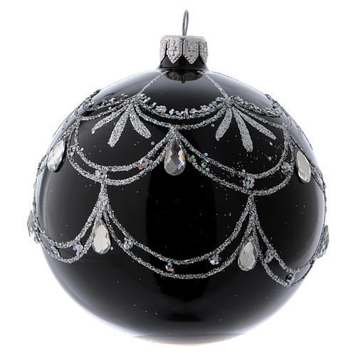 Black blown glass ball with silver glitter design and gems 10 cm 2