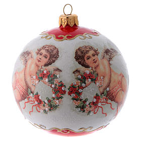 Bola Árvore de Natal vidro branco e vermelho decoração anjos com grinaldas 100 mm