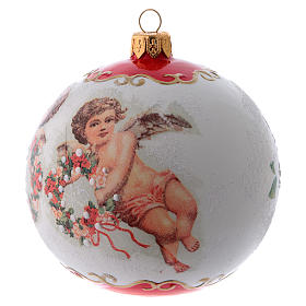 Bola Árvore de Natal vidro branco e vermelho decoração anjos com grinaldas 100 mm