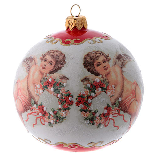 Bola Árvore de Natal vidro branco e vermelho decoração anjos com grinaldas 100 mm 1
