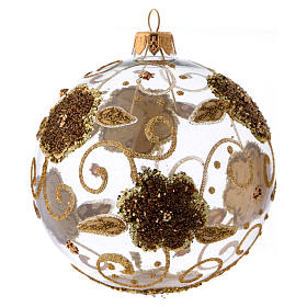 Weihnachtskugel aus transparentem Glas verziert mit goldenen Orchideenblüten und Glitter 100 mm