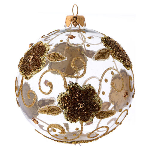 Weihnachtskugel aus transparentem Glas verziert mit goldenen Orchideenblüten und Glitter 100 mm 1