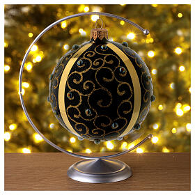Black blown glass ball with gold glitter design and gems 10 cm
