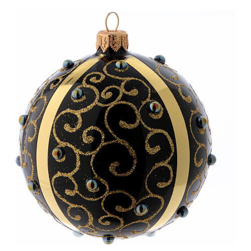 Black blown glass ball with gold glitter design and gems 10 cm 1