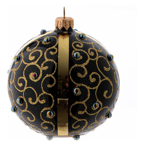 Black blown glass ball with gold glitter design and gems 10 cm 3