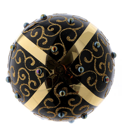 Black blown glass ball with gold glitter design and gems 10 cm 4
