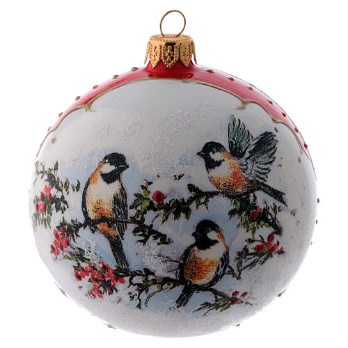 Boule Noël verre blanc décoration oiseaux sur branches de houx 100 mm 3