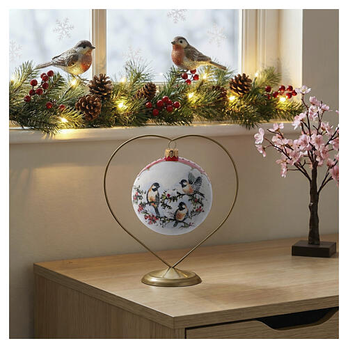 Boule Noël verre blanc décoration oiseaux sur branches de houx 100 mm 2