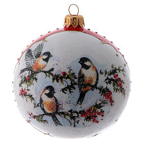 Pallina Natale vetro bianco ornamento Uccelli su rami di Agrifoglio  100 mm
