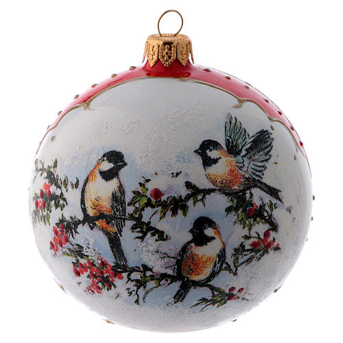 Pallina Natale vetro bianco ornamento Uccelli su rami di Agrifoglio  100 mm 3