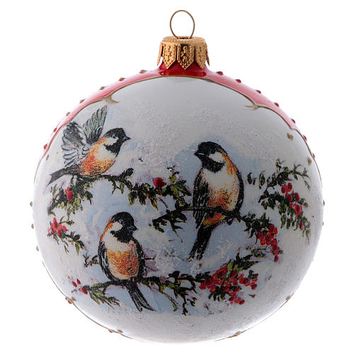 Bola de Natal vidro branco e vermelho com imagem de passarinhos em ramos de azevinho 1