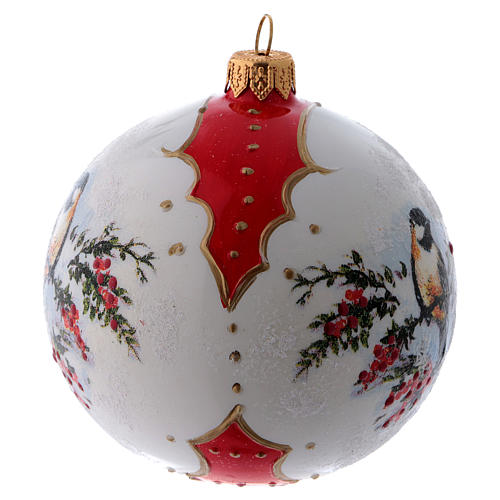 Bola de Natal vidro branco e vermelho com imagem de passarinhos em ramos de azevinho 2