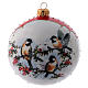 Bola de Natal vidro branco e vermelho com imagem de passarinhos em ramos de azevinho s3