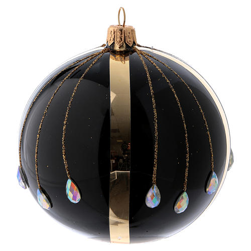 Weihnachtskugel aus Glas Grundton Schwarz verziert mit goldenen Strahlen und Schmucksteinen 100 mm 1