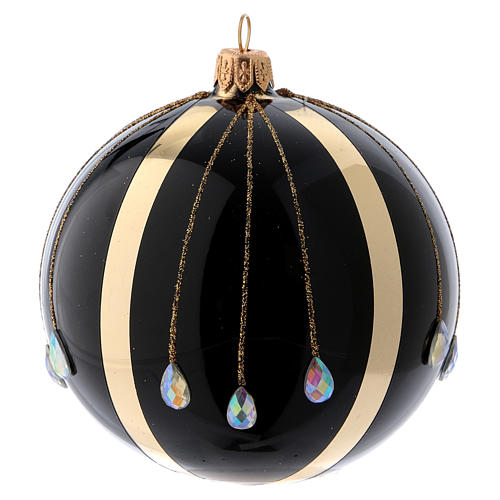 Christmas ball in black glass with golden meridians and diamond drops 100 mm 2