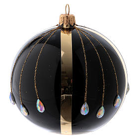 Pallina  di Natale vetro nero meridiani dorati e gocce di brillanti 100 mm