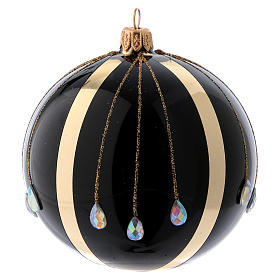 Bola de Natal vidro preto linhas verticais douradas e gotas de brilhantes 100 mm