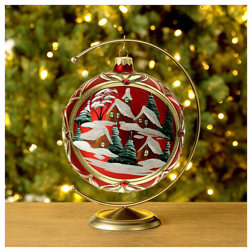 Christmas ball 150 mm in blown glass with winter landscape on red background 4