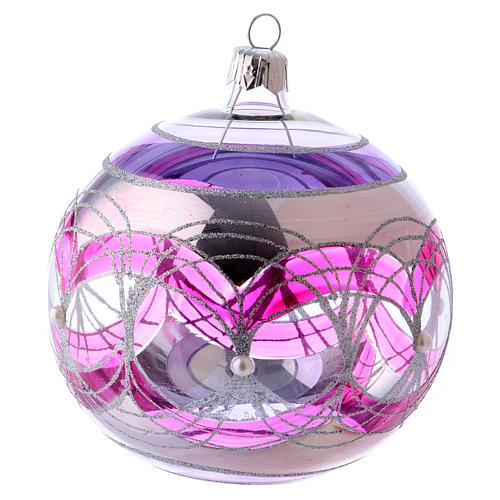 Weihnachtskugel aus transparentem Glas mit pinken und silbernen Verzierungen 100 mm 1