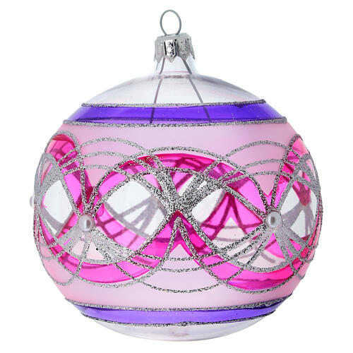 Weihnachtskugel aus transparentem Glas mit pinken und silbernen Verzierungen 100 mm 3