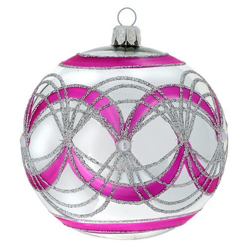 Bola árbol Navidad 100 mm transparente fucsia motivos plateados vidrio soplado 1
